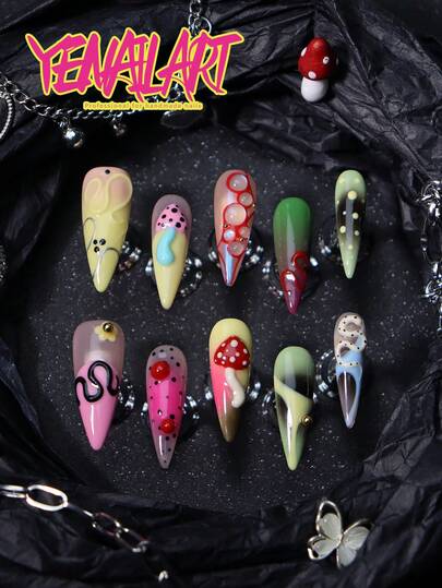 10pcs Handmade Press On Nails Stiletto Long,Nude Pink As The Base Color,Multi-Colors Such As Yellow,Green,Red,Hot Pink,Royal Blue,Black,Ombre,Colorblock,Colorful Polka Dot,Fire Print,3D Three-Dimensional Decoration