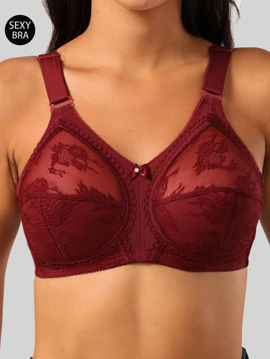 Plus Size Women Lace Wireless Breathable Seamless Bra, Lightweight & Full Coverage - Red - View 1