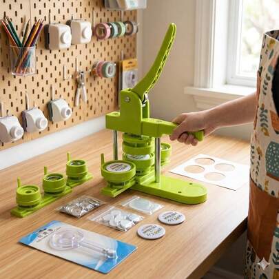 3-In-1 Pin Button Maker Machine, All-In-One Badge Punch Press With 25mm, 32mm & 58mm Interchangeable Molds, DIY Button Badge Maker Kit With 300PCS Button Parts & Circle Cutters, Green
