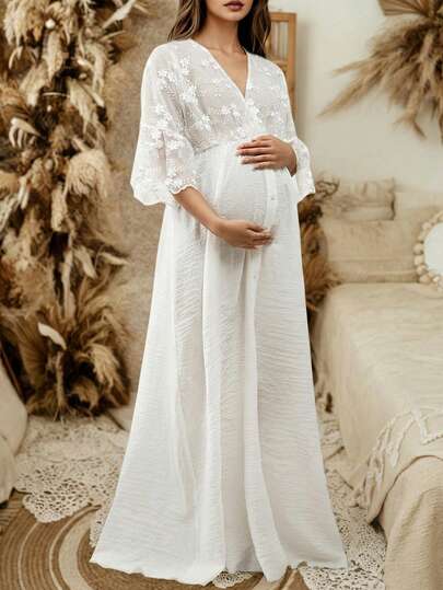 白色V领七分袖半透明针织孕妇连衣裙，波西米亚蕾丝刺绣飘逸宽松喇叭下摆孕妇连衣裙，适合拍照、派对、休闲、正式场合