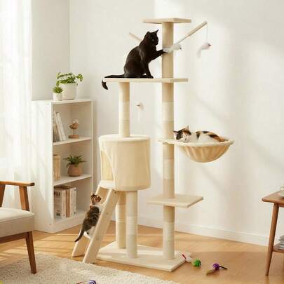 Wielowarstwowa wieża dla kota – wyjątkowo miękka pluszowa grzęda z wiszącymi zabawkami, zamkniętą, ukrytą przestrzenią i wytrzymałymi słupkami do drapania – solidny mebel dla kota do wspinaczki, zabawy i odpoczynku w domu, nowoczesny wystrój dla zwierząt, pokryty miękką tkaniną