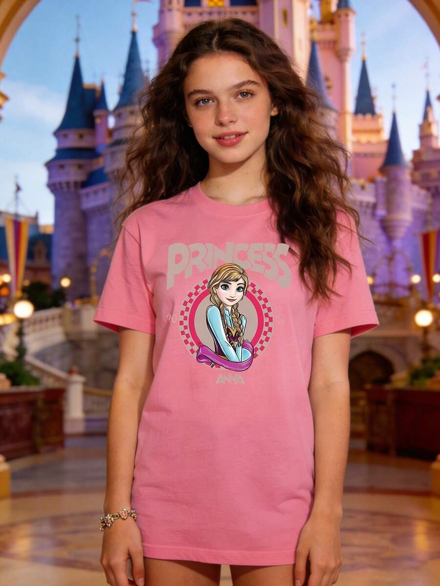 Disney Authorized Women's Casual Short Sleeve T-Shirt, Frozen Anna "PRINCESS ANNA" Retro Print, Sweet Princess Style, Breathable Comfortable Fabric, Machine Washable, For Daily & Theme Park Wear - Hồng - Xem 1