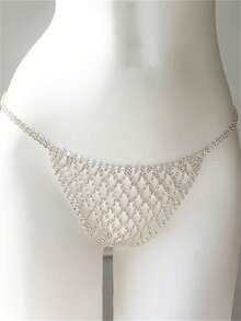 Women's Fashion Sexy Rhinestone Mesh Thong Bikini Chain - Silver - View 5