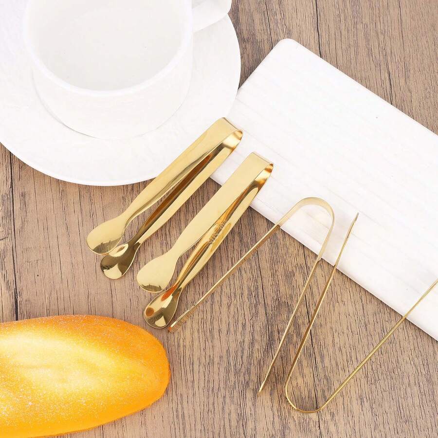 8 piezas de pinzas pequeñas para la cocina, utensilios de servir de acero inoxidable de 4.3 pulgadas para aperitivos, hielo, azúcar y postres (dorado) - Dorado - Ver 1