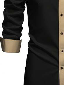 Men's Black Business Casual Shirt 2026 - Khaki Contrast Placket, Gold Metal Buttons, Comfortable, Work Shirt, Casual Friday, Daily Wear, Easy Care - Black - View 8
