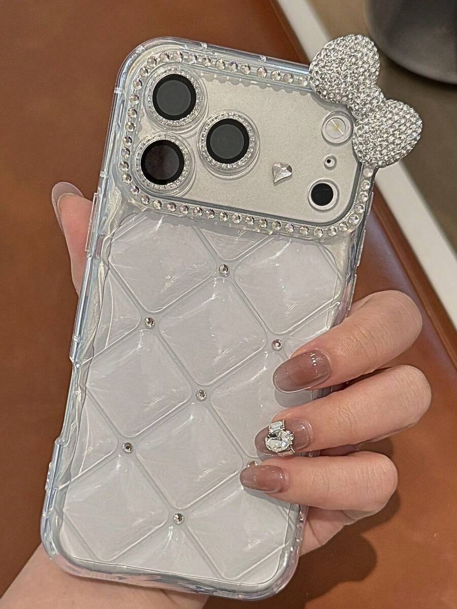 蝴蝶结可爱小猫蝴蝶结闪亮透明手机壳，兼容 17 Pro Max 16 13 14 15 16e - 無色 - 查看 1