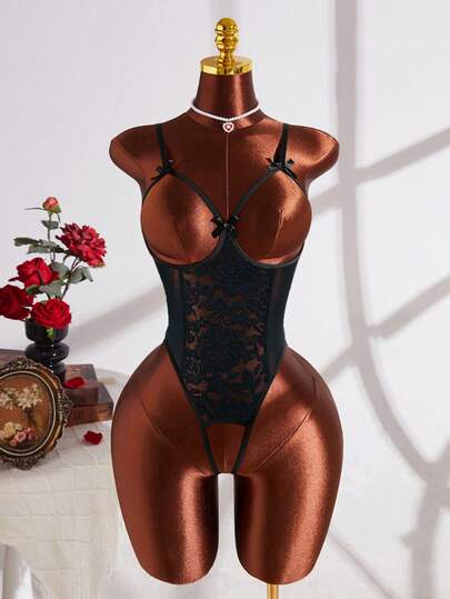 New Solid Color Lace Sexy Women's Lingerie Set, Chest Cutout Design, Adjustable Bow Shoulder Strap, Chest Ring And Open Crotch Design, Sexy Bodysuit For Carnival, Valentine's Day Surprise Gift