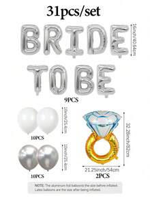 31件套银色“BRIDE TO BE”字母铝箔气球套装，包含戒指、白色和银色乳胶气球，适用于新娘送礼会、庆祝活动、浪漫婚礼、周年纪念、单身派对、订婚派对装饰 - 多色 - 查看 7