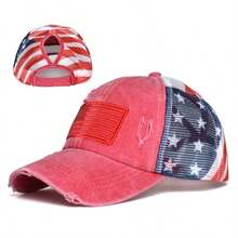Stylish Washed Cotton Distressed Baseball Cap For Women. Features American Flag Embroidery, Ponytail Hole Design, And Adjustable Closure. Breathable And Sun-Protective, Perfect For Daily Casual And Outdoor Wear. - C - Xem 2