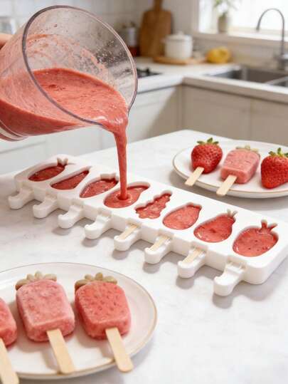 1pc 8-Cavity Fruit & Animal Shaped Ice Cream Mold, DIY Ice Cream Mold, Comes With Lid And 50pcs Wooden Sticks