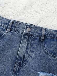 1 chiếc váy denim bạc màu phong cách đường phố thường ngày, ngọt ngào và cá tính dành cho bé gái. - Rửa trung bình - Xem 5