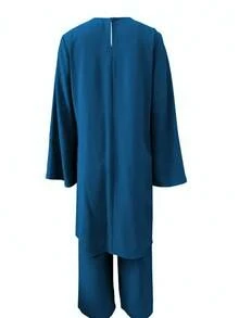Women's Asymmetric Hem Long Sleeve Long Top And Pants Arabic Style Outfit Set Spring - Royal Blue - View 2