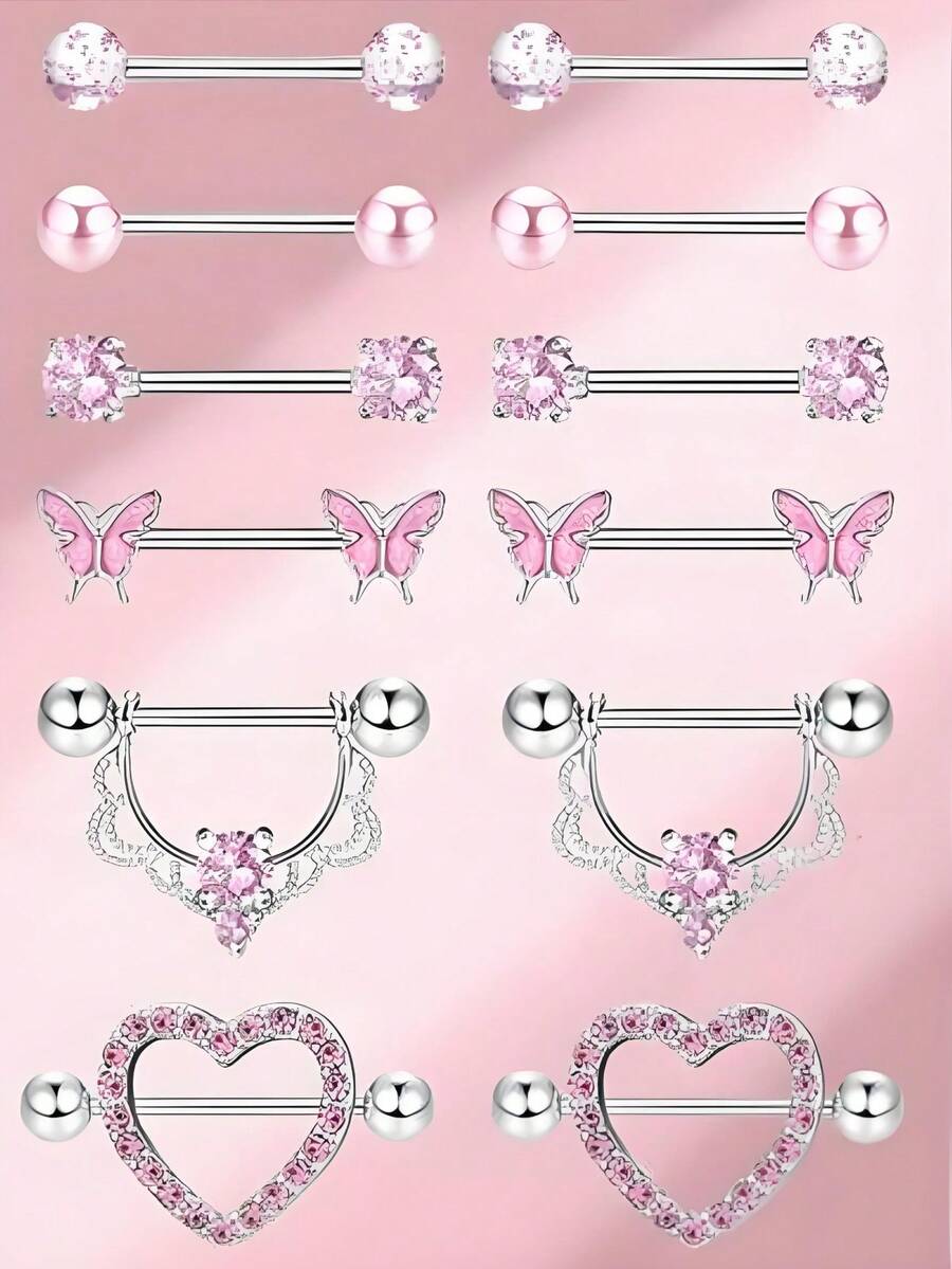 12件套精致时尚独特性感甜美粉色锆石蝴蝶心形乳环套装，适合女性日常佩戴的身体饰品 - 一對乳環 - 查看 1