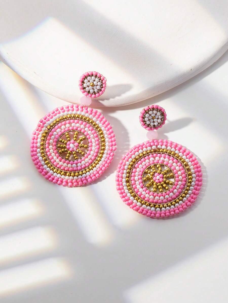 WinLeaf 1 Pair Handmade Woven Seed Bead Boho Style Beaded Earrings - Baby Pink - View 1