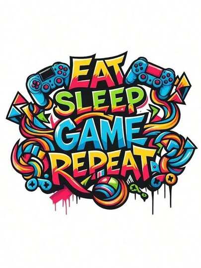 1pc/2pcs/3pcs Eat Sleep Play Repeat Heat Transfer Stickers, Suitable For DIY T-Shirts, Jeans, Pillows, Backpacks, Hats And Sofa Covers, Waterproof, Fade-Resistant, Durable, Washable Plastic Stickers, Funny Patterns, Textile Decoration, Clothing Embellishment, Crafts Hobbyists