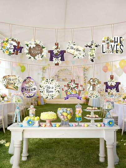 2D平面，12件套“他已复活”复活节装饰品 - 复古宗教悬挂式蛋壳，带有复活信息，人造材质，适用于教堂、春季庆祝活动等。