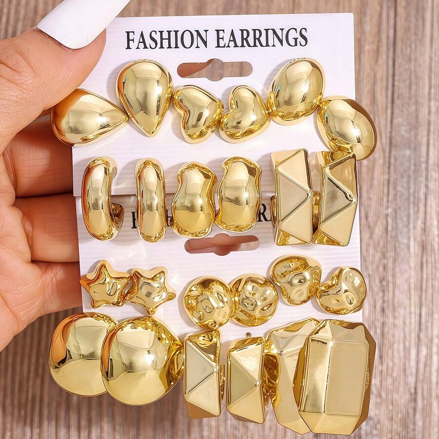 6-24件套时尚金属质感派对节日多造型耳环套装，轻盈CCB材质，女士耳环套装 - 彩色 - 查看 1