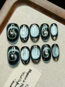 10片手工制作人造指甲，短椭圆形，渐变色，闪亮银色，旋转猫眼，法式涂鸦，酷女孩风格，可重复使用 - 彩色 - 查看 4