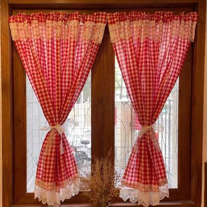 1 perdea în carouri roșii în stil american, jumătate de perdea cu dantelă vintage pentru ferestre mici, perdea de bucătărie și cafenea