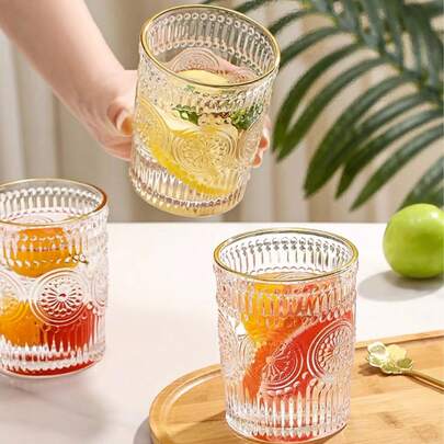 1pc 10oz Vintage Glass Cup, Gold Rim, Textured Transparent Glass Cup With Cute Sunflower Embossed, Suitable For Iced Coffee, Tea, Juice, Latte, And Other Mixed Beverages, Glass Drinkware Set, Coffee Mug