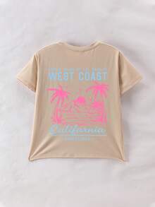女童西海岸风格印花圆领短袖T恤，春夏新款 - 杏色 - 查看 3