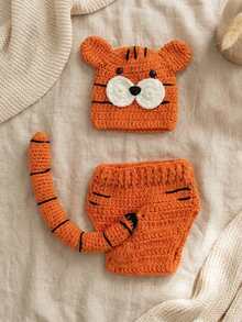 2pcs Baby Cartoon Tiger Design Suits Newborn Photography Prop Hand-Knitted Hat And Shorts Set With Long Tail Photos Accessories - Multicolor - View 11