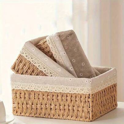 1pc Bohemian Style Woven Storage Basket - Handmade Cosmetic And Miscellaneous Storage Box, Retro Rustic Style, With Fabric Lining, Stackable Rectangular Gift Box, Suitable For Living Room, Bedroom And Laundry Room, Great For Storing Blankets, Pillows, Clothes And Towels, Home Organization Storage Bin