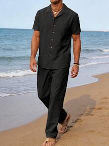 Men's Casual Two-Piece Suit: Short-Sleeve Cardigan, Button-Up Shirt, And Trousers - Thin, Solid Color, New Style - 黑色 - 查看 4