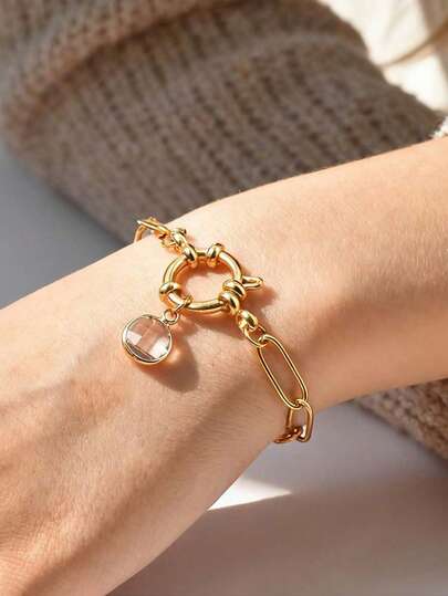1pc Minimalist Stainless Steel Small Square Chain Cubic Zirconia Heart Bubble Clasp Gold Bracelet, Jewelry Gift For Women, Mother's Day