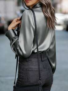 1pc Women's Casual Elegant Luxurious Solid Satin Bow Design Blouse, Suitable For Daily Outings, Commuting, Evening Dates, Women's Spring/Summer Shirt - Grey - View 2