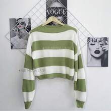 SJD MODA LADY Striped Sweater Knit Modal Off Shoulder Super Autumn Winter Korean Style Best Fabric - Bayi hijau garis putih - View 2