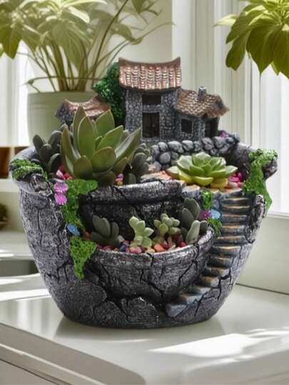 1pc Vintage Rustic 3-Compartment Planter, Suitable For Gardening Enthusiasts, Retro Hanging Garden Planter, Fits Succulents, Patio, Outdoor Greenery Decor, Indoor/Outdoor Decoration