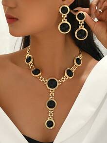 Bộ trang sức nữ 2 món - Dây chuyền và hoa tai hình chữ Y kết hợp xoắn ốc bất đối xứng màu đen hình bầu dục bằng acrylic, phong cách cổ điển thanh lịch, thích hợp đeo hàng ngày, ngày lễ, tiệc tùng - bạc + đen - Xem 18