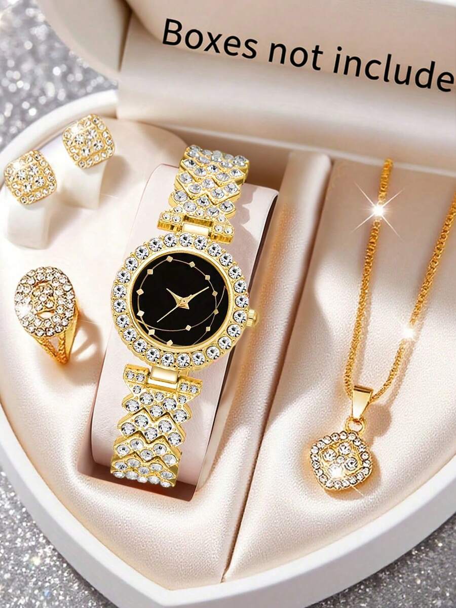 5件套奢华女士石英表套装,包括金色水晶表带黑色表盘金色指针石英表+全钻耳环+全钻戒指+水晶吊坠项链。所有表款均采用金属材质和全钻设计,双层水晶表圈更添奢华质感。 - 金色 - 查看 1