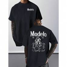 1pc Men's Modelo Graphic Print Crewneck Short Sleeve Tee - Stylish Casual Sports Top, Comfortable Loose Fit Urban Streetwear Shirt, Ideal For Daily Wear Travel Workout Weekend Hangouts Summer Outings, Versatile Fashion Basic For Men - 黑色 - 查看 4