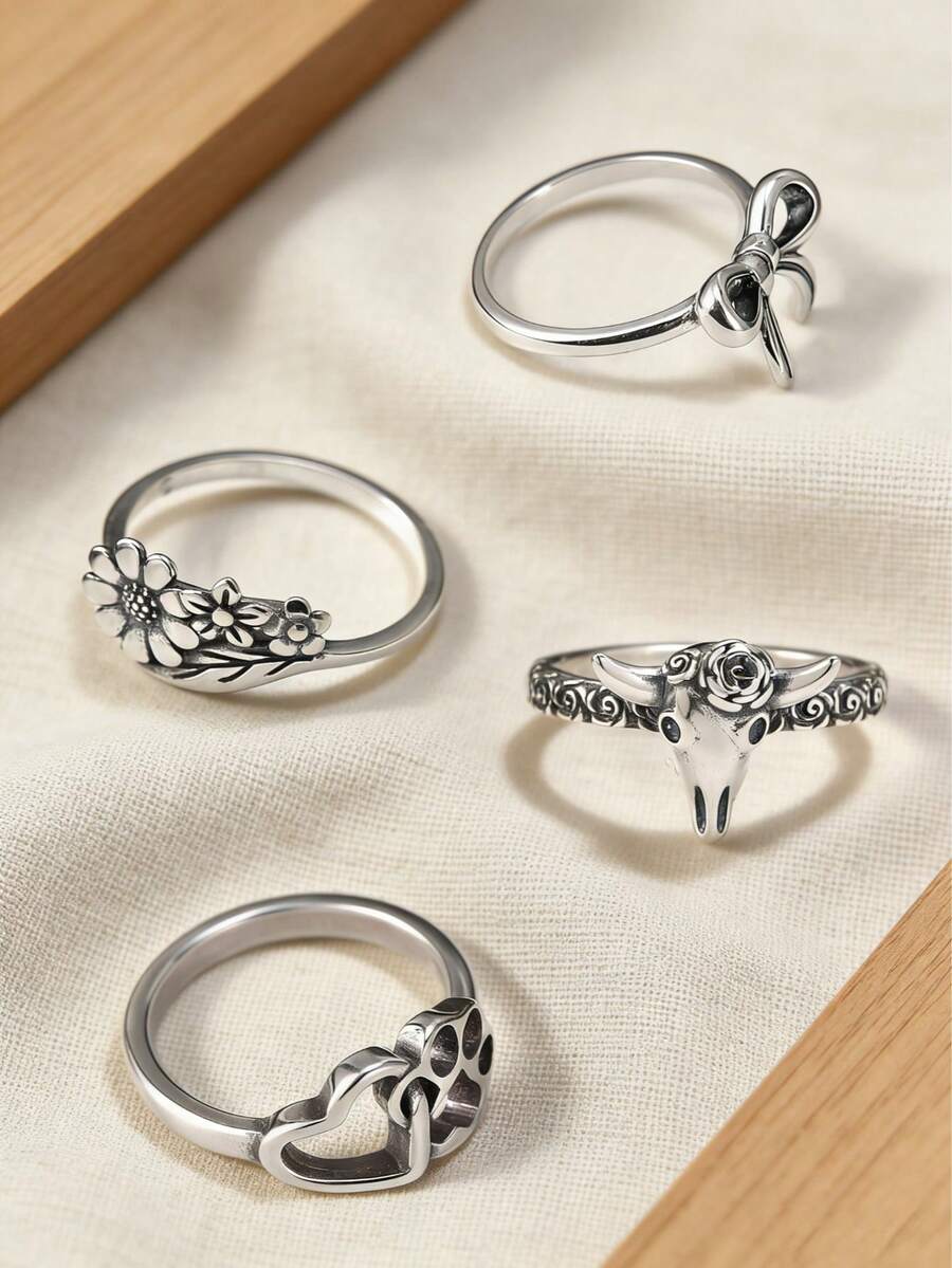 1pc Simple Unique 925 Hot Selling Sterling Silver Floral Wrap Ring Delicate Bow Ring Furry Friends Heart Ring Desert Rose Ring Light Cable Chain Bohemian Style High-End Light Luxury DIY Pendant Women Fine Jewelry Valentine's Day Gifts JA - Delicate Bow Ring - View 1