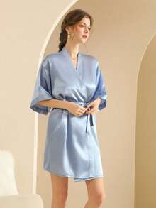1 pezzo Vestaglia da donna in seta, abito da sposa, vestaglia elegante con cintura in vita di colore unito adatta per tutte le stagioni, pigiama corto in morbida seta raso, adatto per spose, damigelle, uso domestico. Abito corto per la stagione di taglio dell'erba, vestaglia lunga iniziale, vestaglia da camera e pigiama. - azzurro - Visualizzare 3