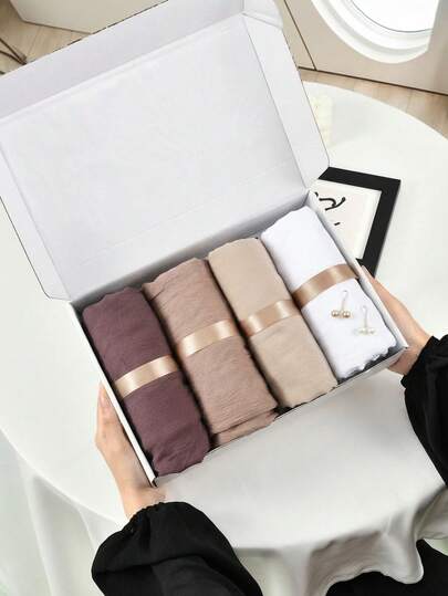 1 Box Premium Jersey Hijab Set, 4pcs Headscarves + 2pcs Hair Clips, Muslim Turbans, Daily Casual Outdoor Hijab, Breathable Shawl, Scarf Set, Gift Box, Holiday Gift