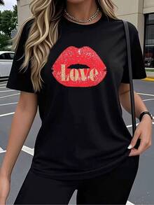 Mujer Camisetas de Verano 3 Piezas Conjunto Rojo Labios Love Estampado Camiseta Cuello Redondo Manga Corta Algodon Suave Transpirable Moda Casual para Fiesta Cumpleaños Regalo Amigos Comfy Daily Wear - 3 piezas negras - Ver 3