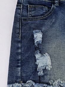 Quần short denim nữ kiểu vintage rách có túi, phong cách đường phố thường ngày cho mùa xuân/hè. - Màu xanh lam - Xem 6