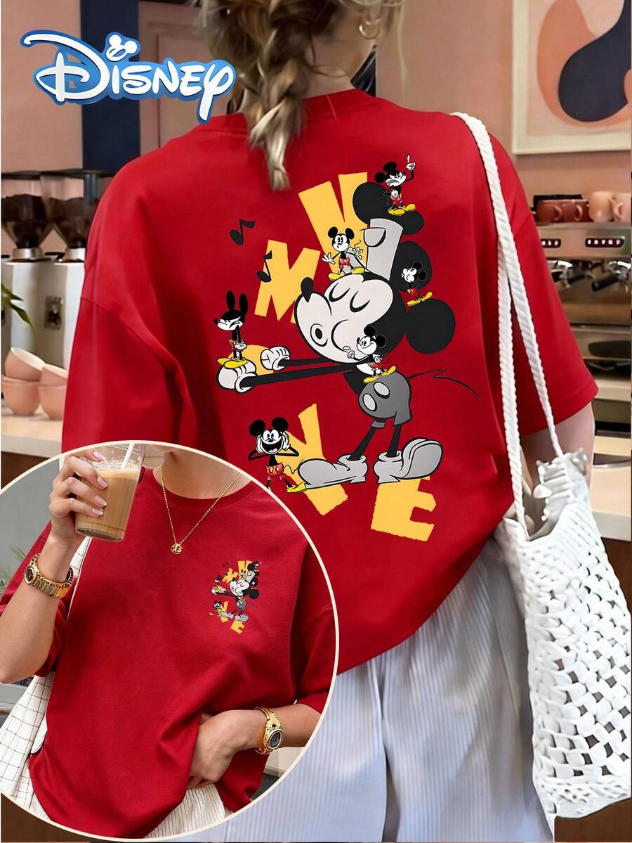 Disney-Themed Mickey Family Chorus Print Stylish Crew Neck T-Shirt For Girls And Older Kids Teen Top Perfect For Spring And Summer Casual Wear A Gift For Her - 紅色 - 查看 1