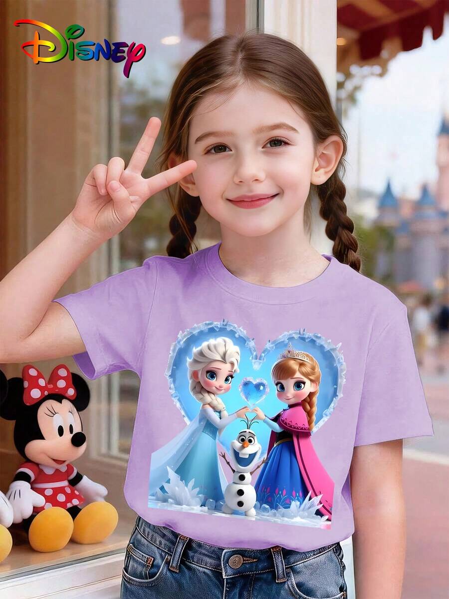 Disney Anna, Elsa And Snowy,  Summer Girls' Cotton Crew Neck Short-Sleeve Shirt, Suitable For Everyday Wear, Vacations, Outdoor Activities, And Also Makes A Great Gift For Children. - Màu tím hoa cà - Xem 1
