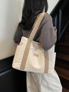 1个米色多口袋手提包，简约大容量女士单肩包，休闲大学生笔记本电脑包，时尚多功能大号手提包，方便旅行和日常使用，简约纯色手提包，易于搭配各种服装，女士街头日系风格包 - 米色 - 查看 4