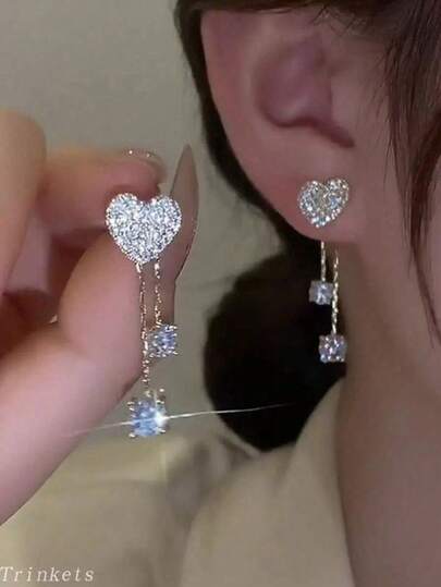 1 Pair Elegant Asymmetric Heart Rhinestone Earrings, Romantic Fashion Jewelry For Women, Ideal For Dating, Wedding, Vacation & Valentine's Day