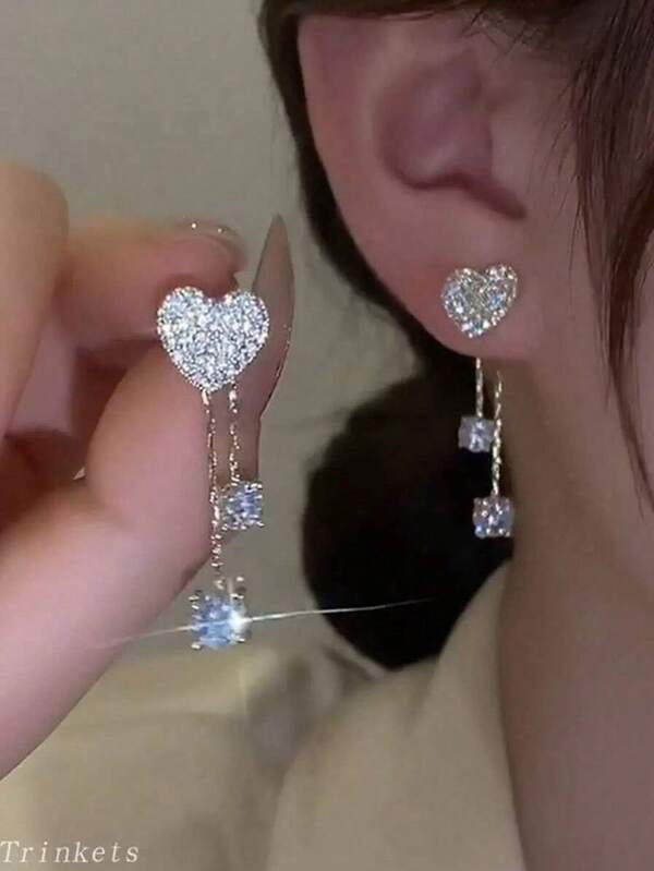 1 Pair Elegant Asymmetric Heart Rhinestone Earrings, Romantic Fashion Jewelry For Women, Ideal For Dating, Wedding, Vacation & Valentine's Day