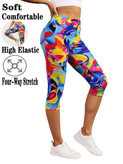 1 Pack Women's Colorful Abstract Pattern High Stretch Leggings, Yoga Pants, Casual Minimalist Tights, Workout Capri Pants, Comfortable Breathable Shaping Waistband Bottoms For Fitness, Home, Outdoor, Travel