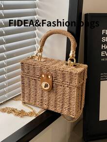 时尚女士精致手提包，单肩斜挎方形草编包，休闲纯色镂空编织设计，金属旋扣闭合，优雅高档质感，适合海滩、旅行和度假。 - 卡其色 - 查看 5