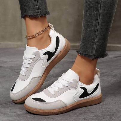 Women's Spring/Summer New Lace-Up Patchwork Sneakers, Round Toe Flat Casual Shoes