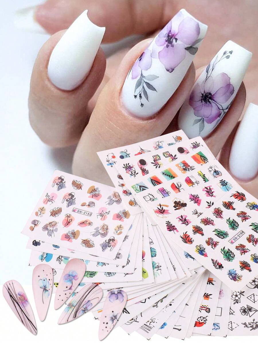 24pcs Spring & Summer Colorful Ink Smoke, Floral, Geometric Pattern Water Transfer Nail Art Stickers, Nail Decor Supplies - Multicolor - View 1