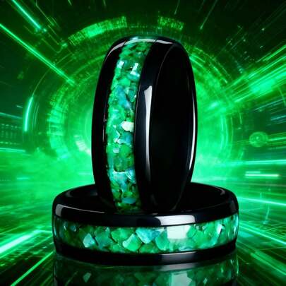 8毫米男士时尚绿色仿玉宝石贴纸不锈钢戒指，中性款，抛光，圆顶形，佩戴舒适，适合日常生活、派对、婚礼、庆典、生日礼物等场合。